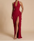 Burgundy Halter Deep V Ruched High Slit Maxi Evening Dress