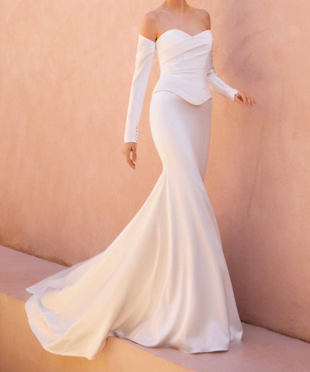White Off Shoulder Long Sleeve Satin Mermaid Wedding Dress