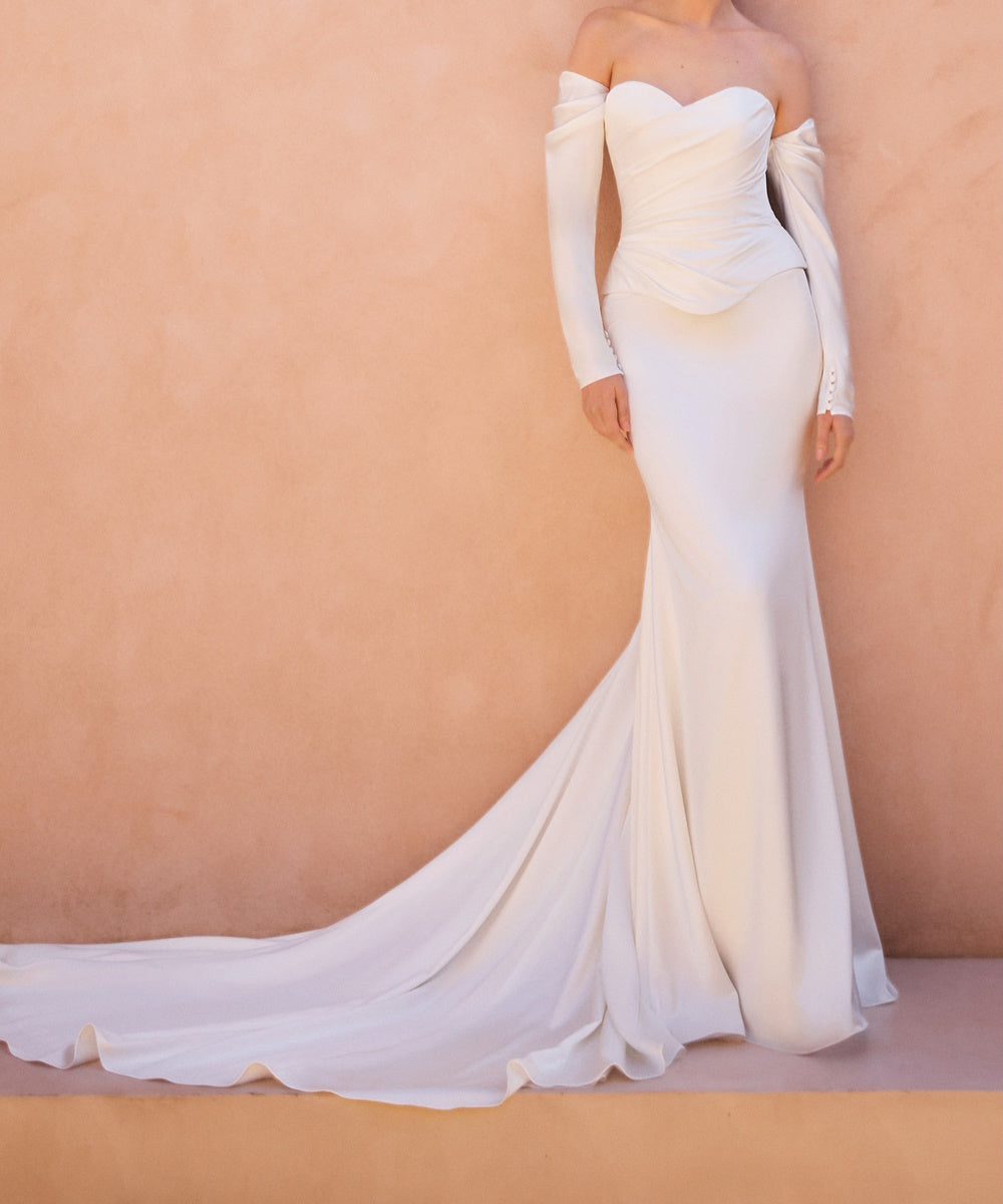 White Off Shoulder Long Sleeve Satin Mermaid Wedding Dress