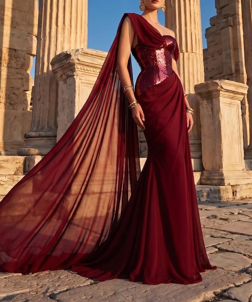 Burgundy Sequin Corset Mermaid Evening Gown with Flowing Chiffon Cape