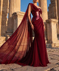 Burgundy Sequin Corset Mermaid Evening Gown with Flowing Chiffon Cape