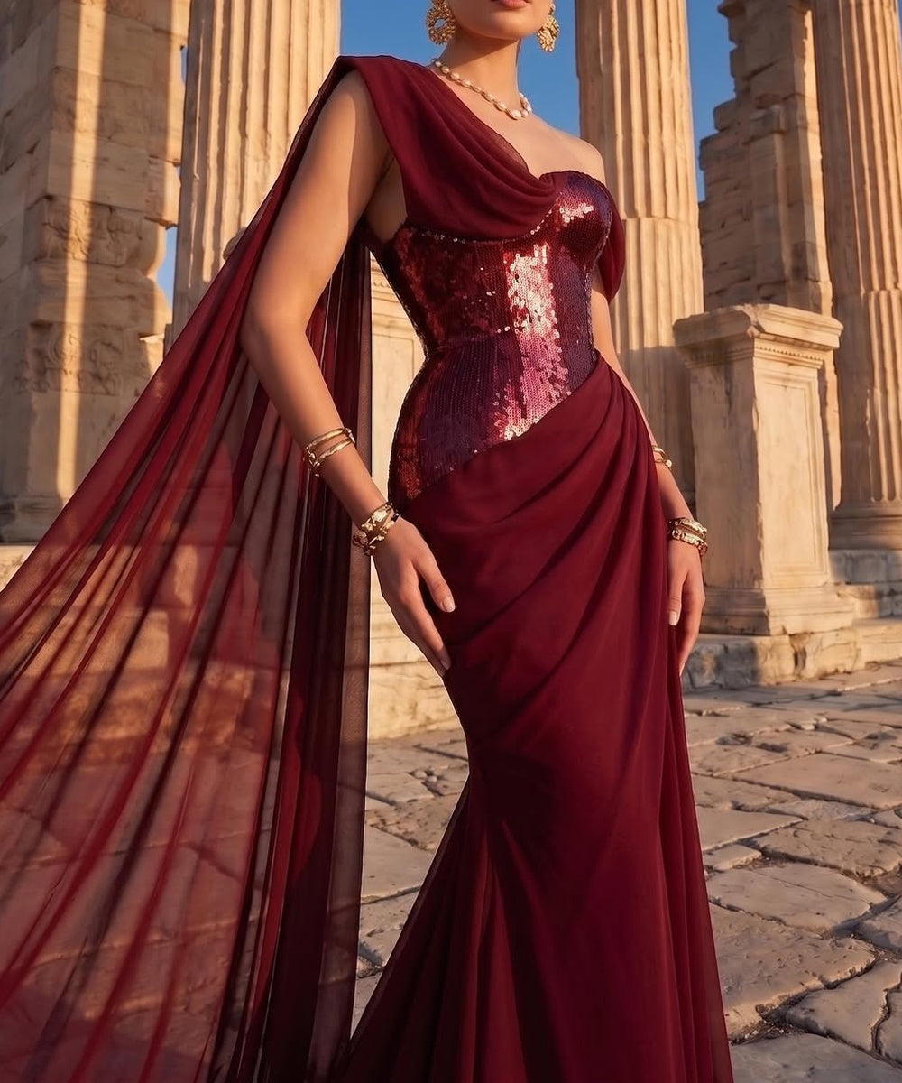 Burgundy Sequin Corset Mermaid Evening Gown with Flowing Chiffon Cape