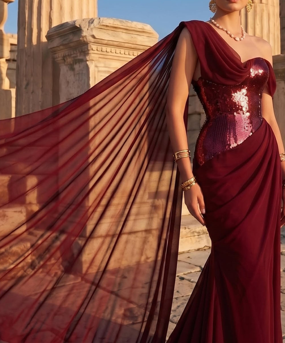 Burgundy Sequin Corset Mermaid Evening Gown with Flowing Chiffon Cape