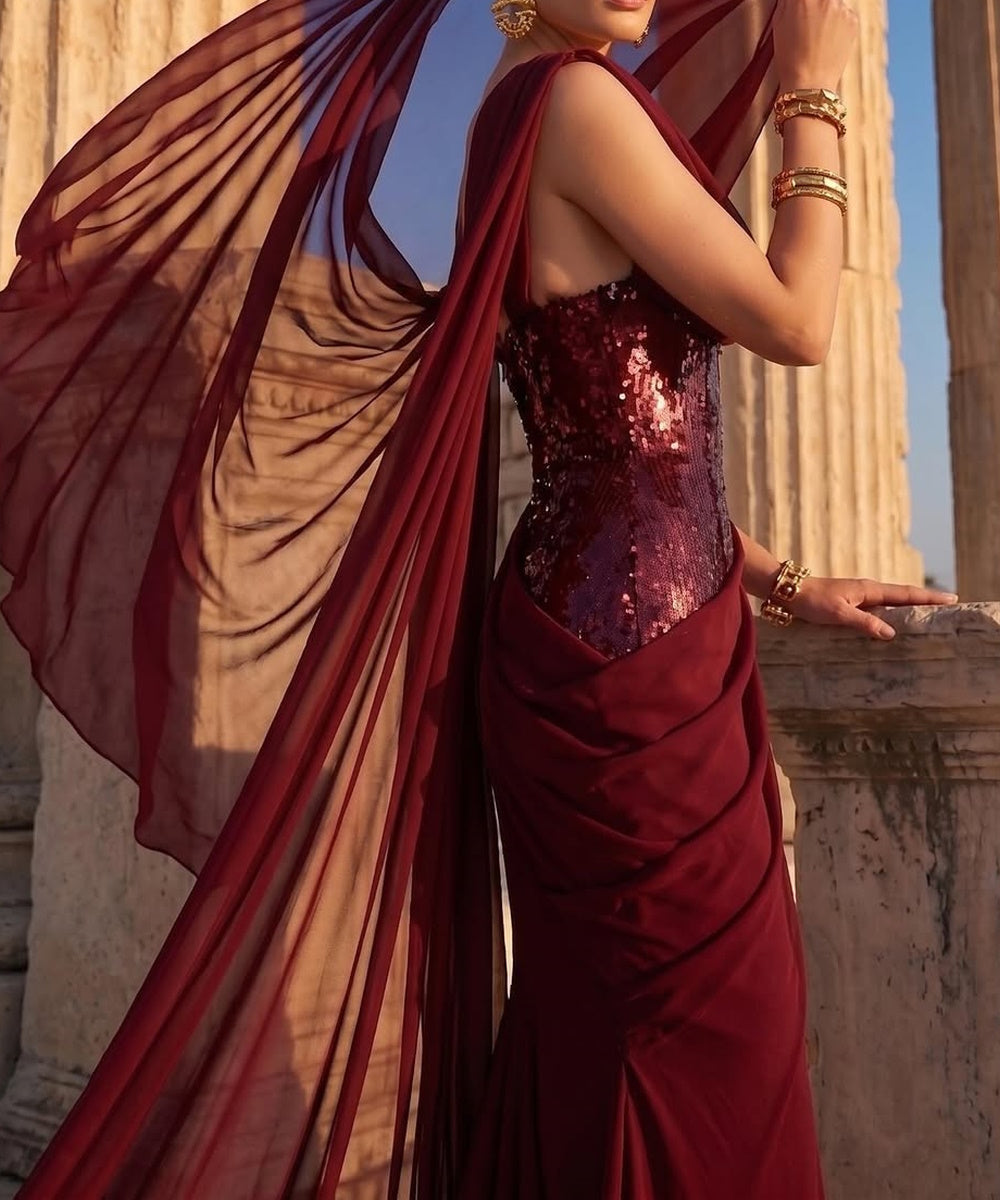 Burgundy Sequin Corset Mermaid Evening Gown with Flowing Chiffon Cape
