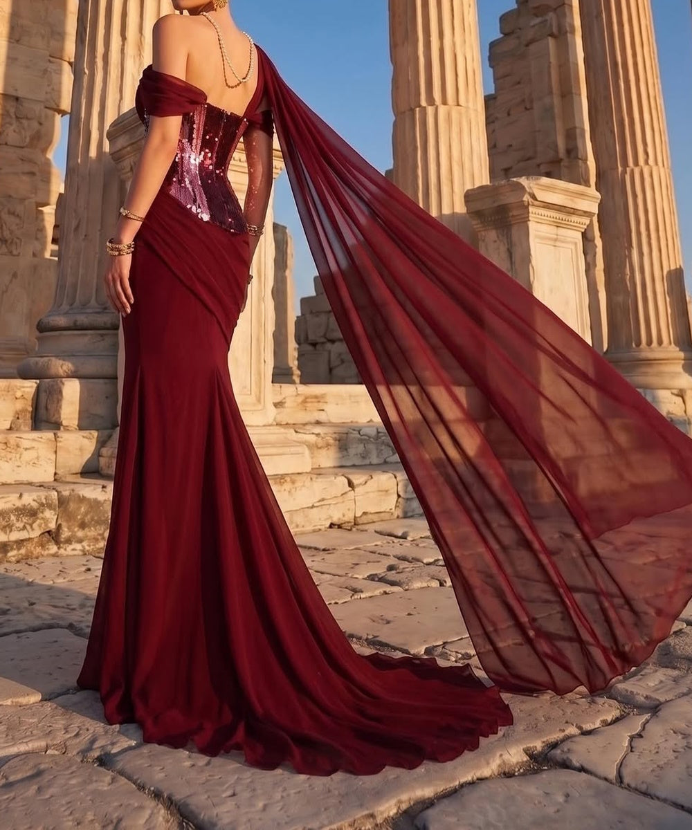 Burgundy Sequin Corset Mermaid Evening Gown with Flowing Chiffon Cape
