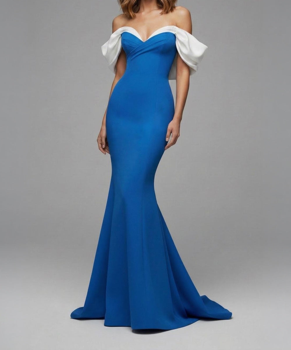 Royal Blue Off Shoulder White Puff Sleeve Mermaid Evening Gown