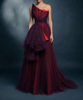 Asymmetric One Shoulder Burgundy Red Layered Tulle Evening Gown With Train