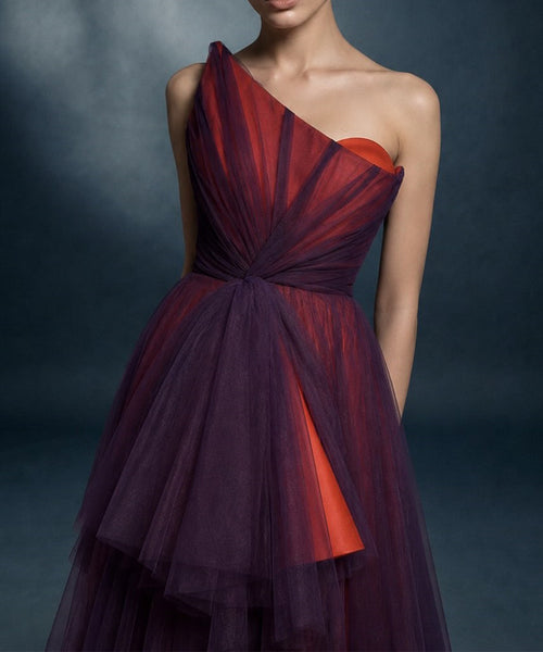 Asymmetric One Shoulder Burgundy Red Layered Tulle Evening Gown With Train