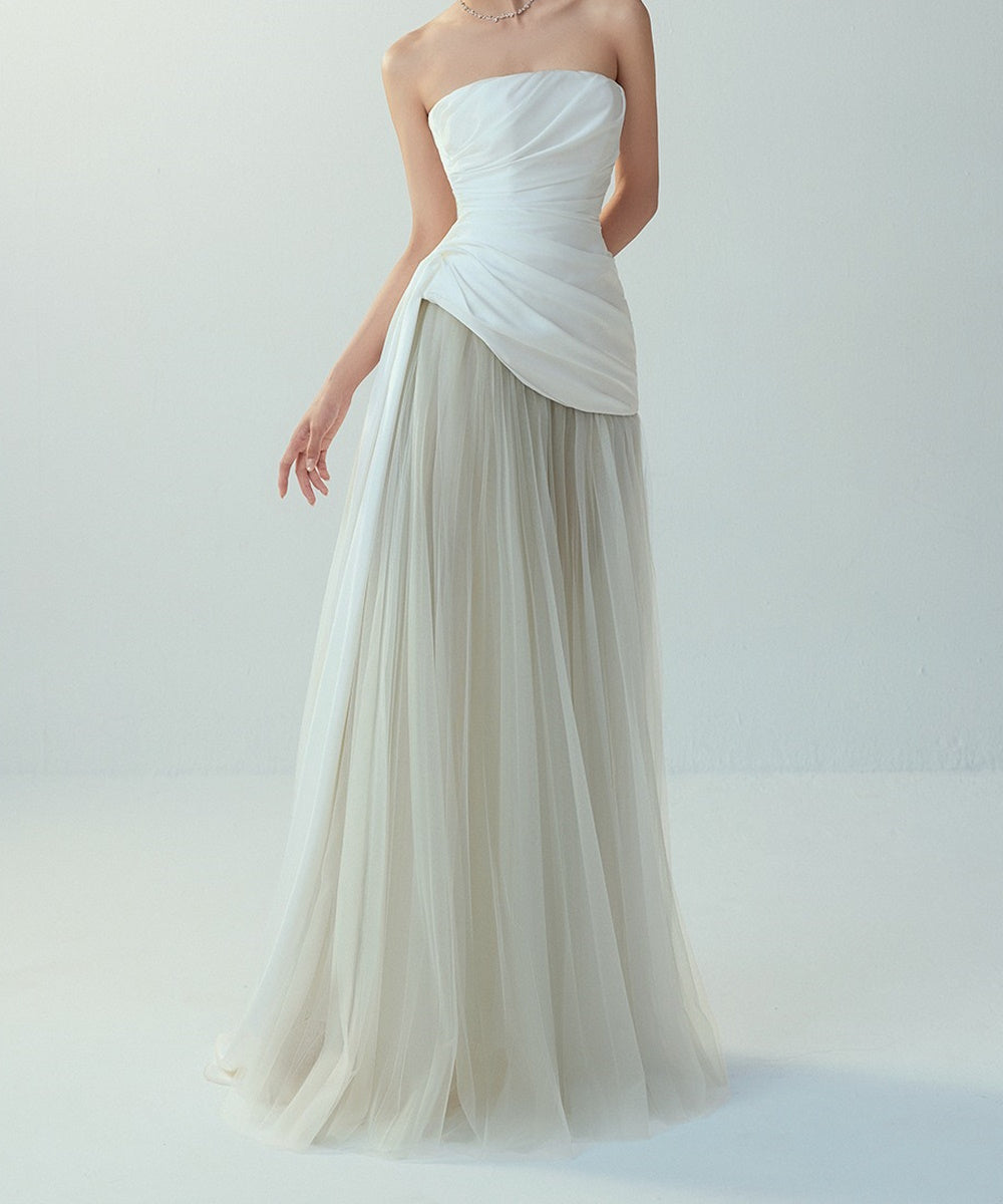 Strapless Draped Satin Bodice Flowy Tulle Maxi Wedding Dress