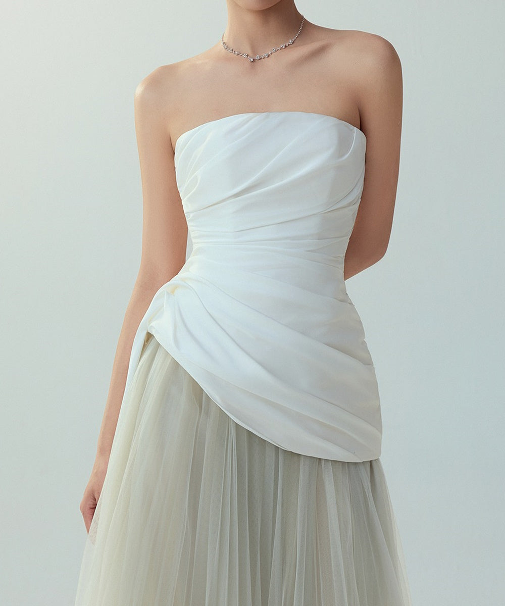 Strapless Draped Satin Bodice Flowy Tulle Maxi Wedding Dress