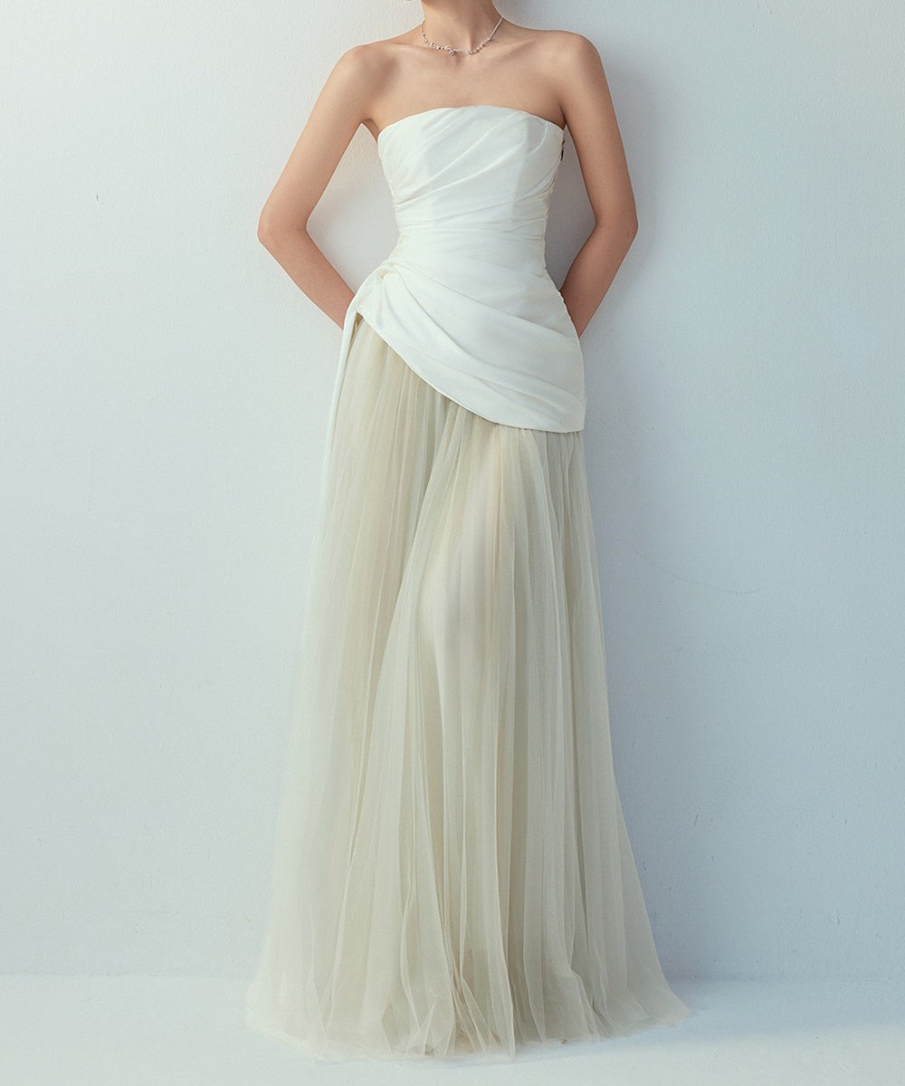 Strapless Draped Satin Bodice Flowy Tulle Maxi Wedding Dress
