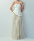 Strapless Draped Satin Bodice Flowy Tulle Maxi Wedding Dress