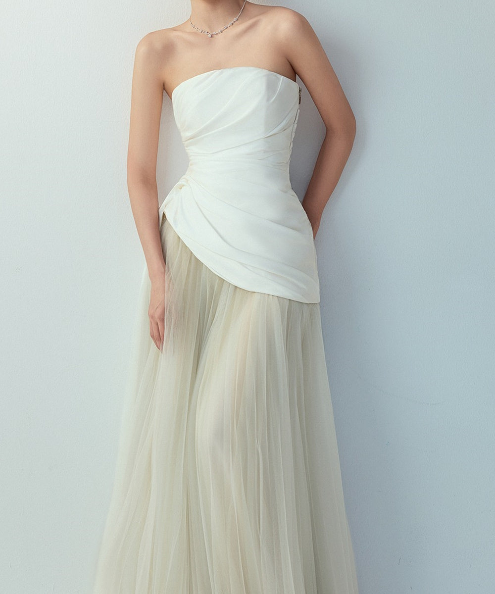 Strapless Draped Satin Bodice Flowy Tulle Maxi Wedding Dress