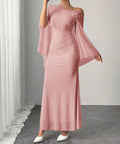 Dusty Pink Asymmetric Off Shoulder Cape Mermaid Maxi Dress with 3D Flower