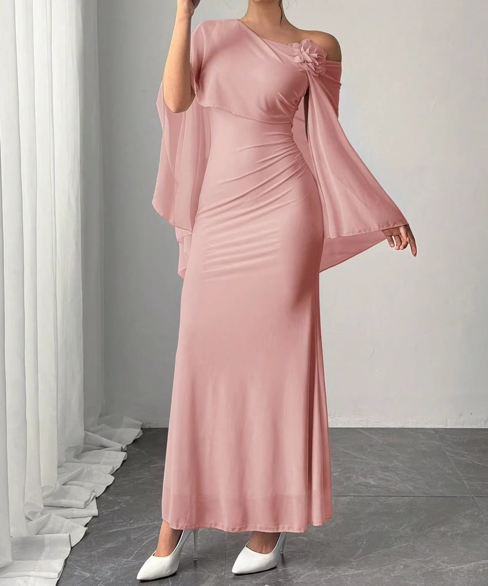 Dusty Pink Asymmetric Off Shoulder Cape Mermaid Maxi Dress with 3D Flower