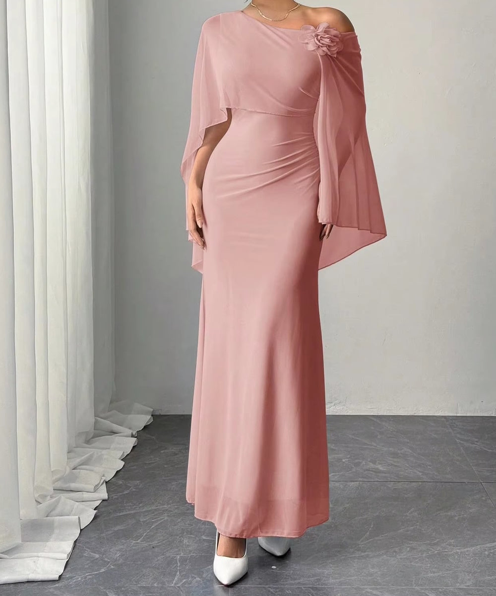 Dusty Pink Asymmetric Off Shoulder Cape Mermaid Maxi Dress with 3D Flower