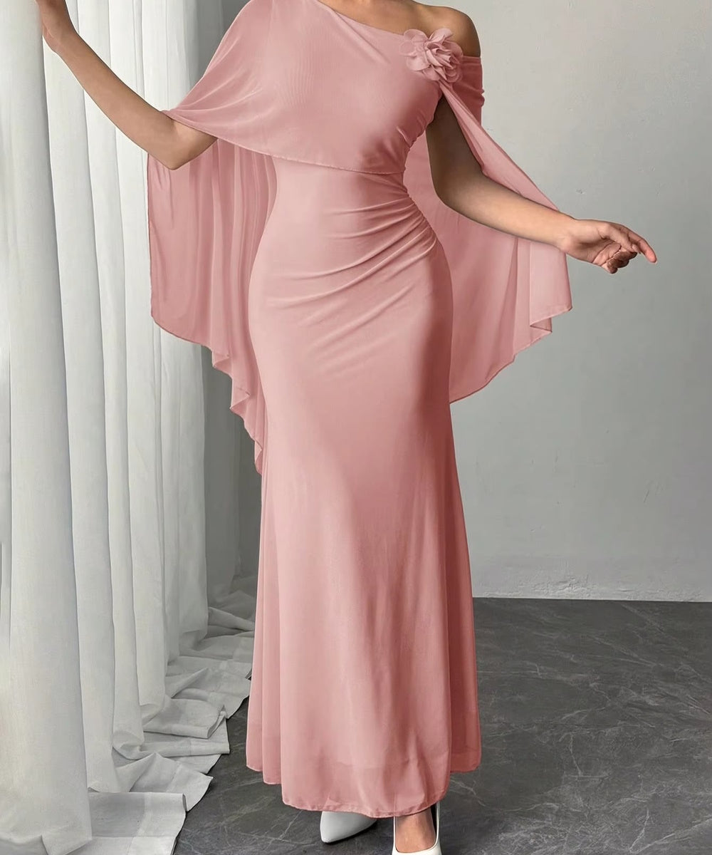 Dusty Pink Asymmetric Off Shoulder Cape Mermaid Maxi Dress with 3D Flower
