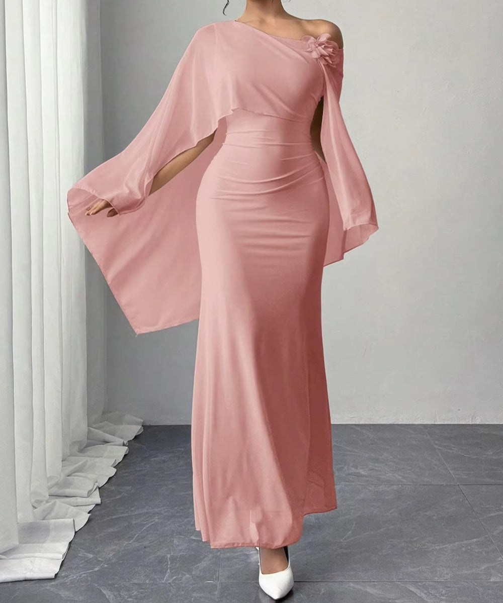 Dusty Pink Asymmetric Off Shoulder Cape Mermaid Maxi Dress with 3D Flower