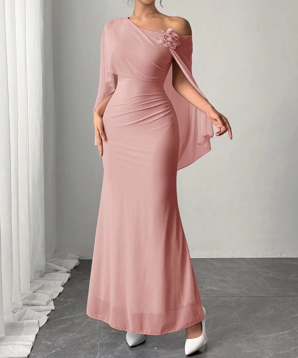 Dusty Pink Asymmetric Off Shoulder Cape Mermaid Maxi Dress with 3D Flower