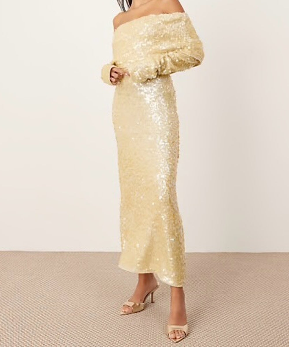 Champagne Sequin Off‑Shoulder Long Sleeve Midi Evening Dress
