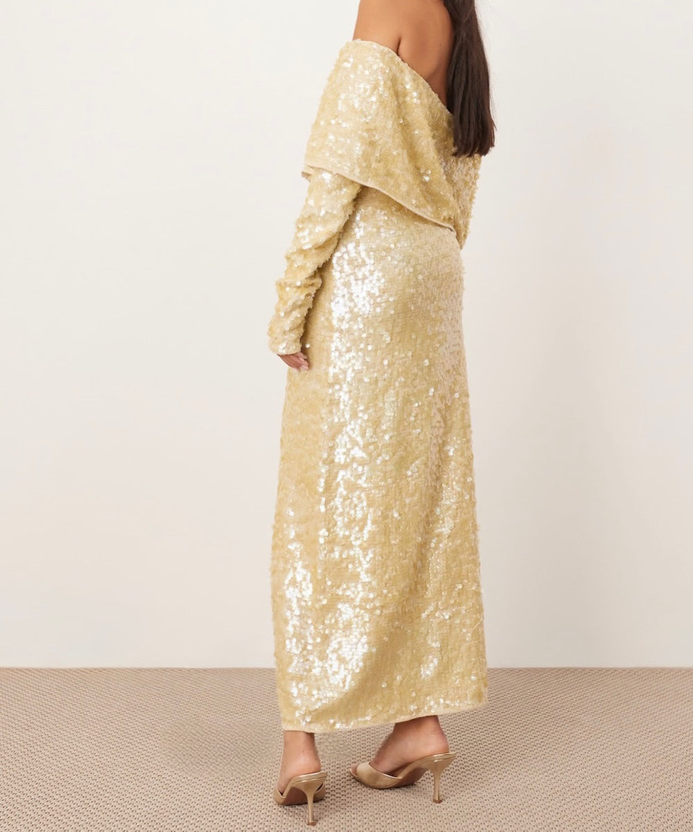 Champagne Sequin Off‑Shoulder Long Sleeve Midi Evening Dress