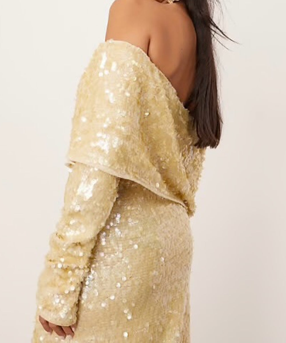Champagne Sequin Off‑Shoulder Long Sleeve Midi Evening Dress