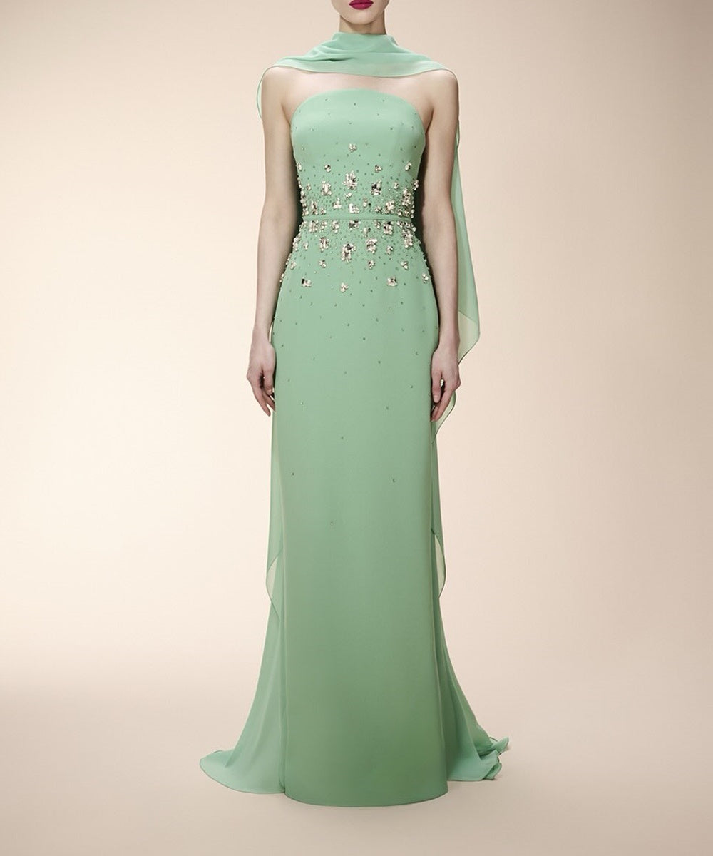 Mint Green Beaded Sheath Evening Gown With Removable Chiffon Cape Overlay