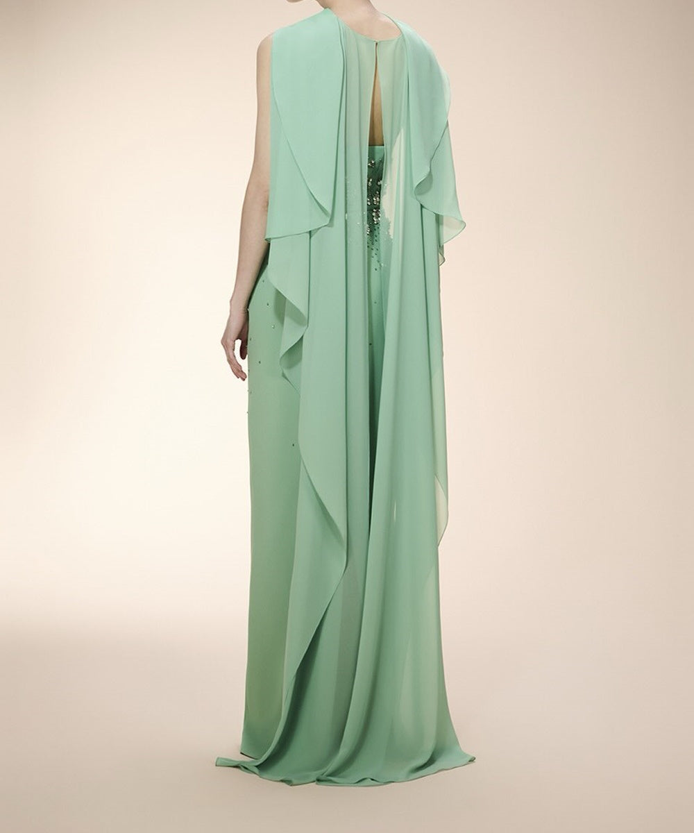 Mint Green Beaded Sheath Evening Gown With Removable Chiffon Cape Overlay