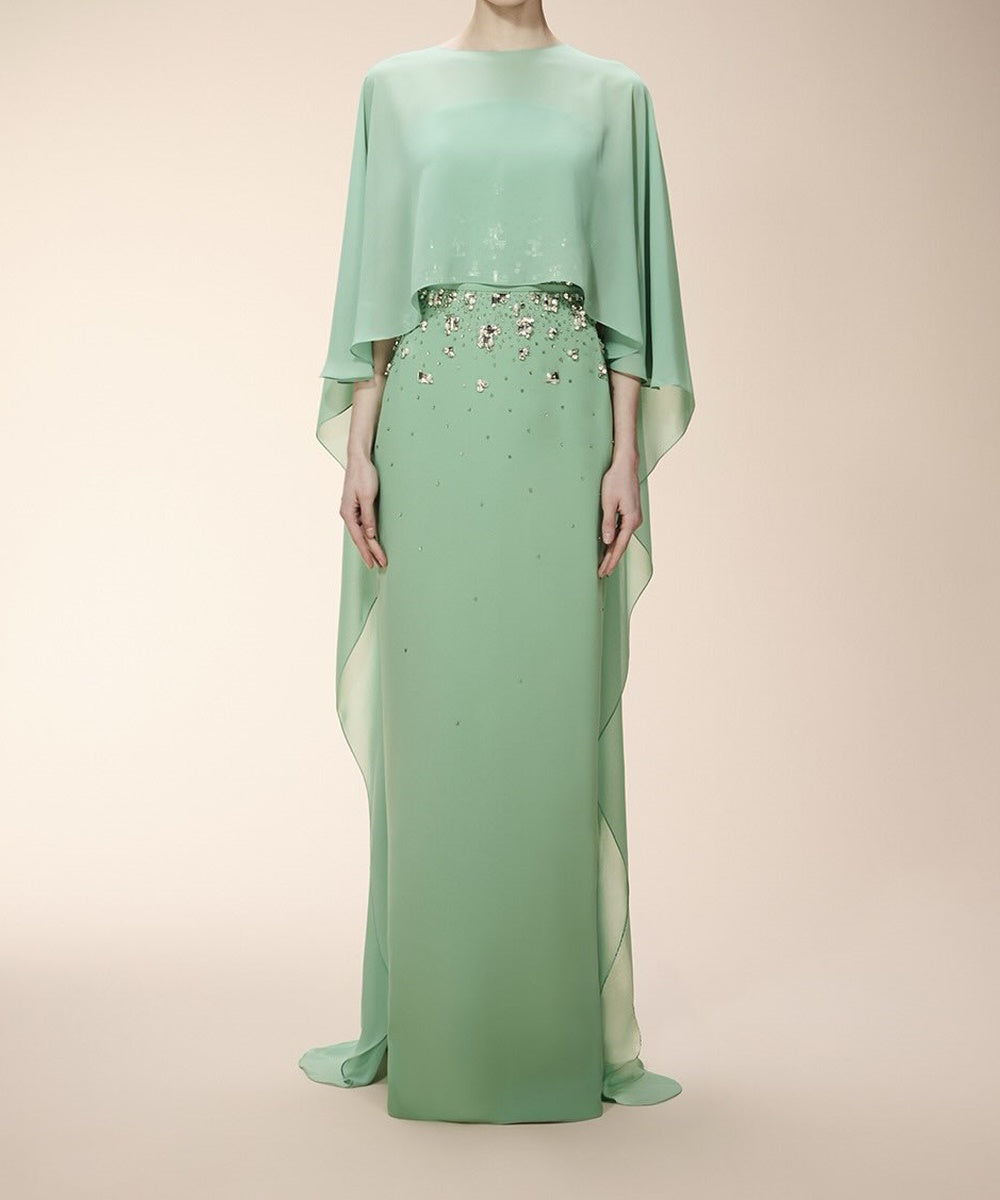 Mint Green Beaded Sheath Evening Gown With Removable Chiffon Cape Overlay
