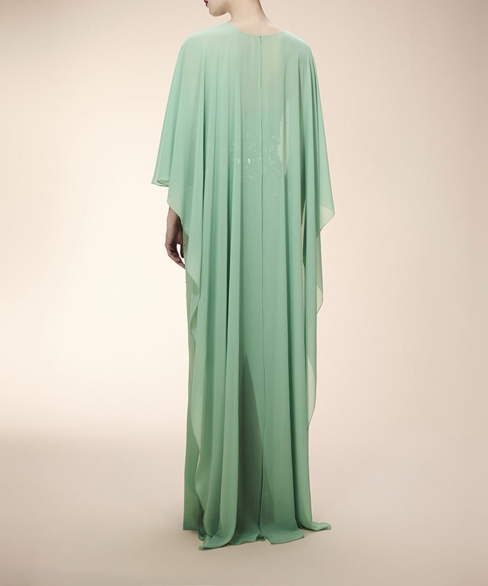 Mint Green Beaded Sheath Evening Gown With Removable Chiffon Cape Overlay