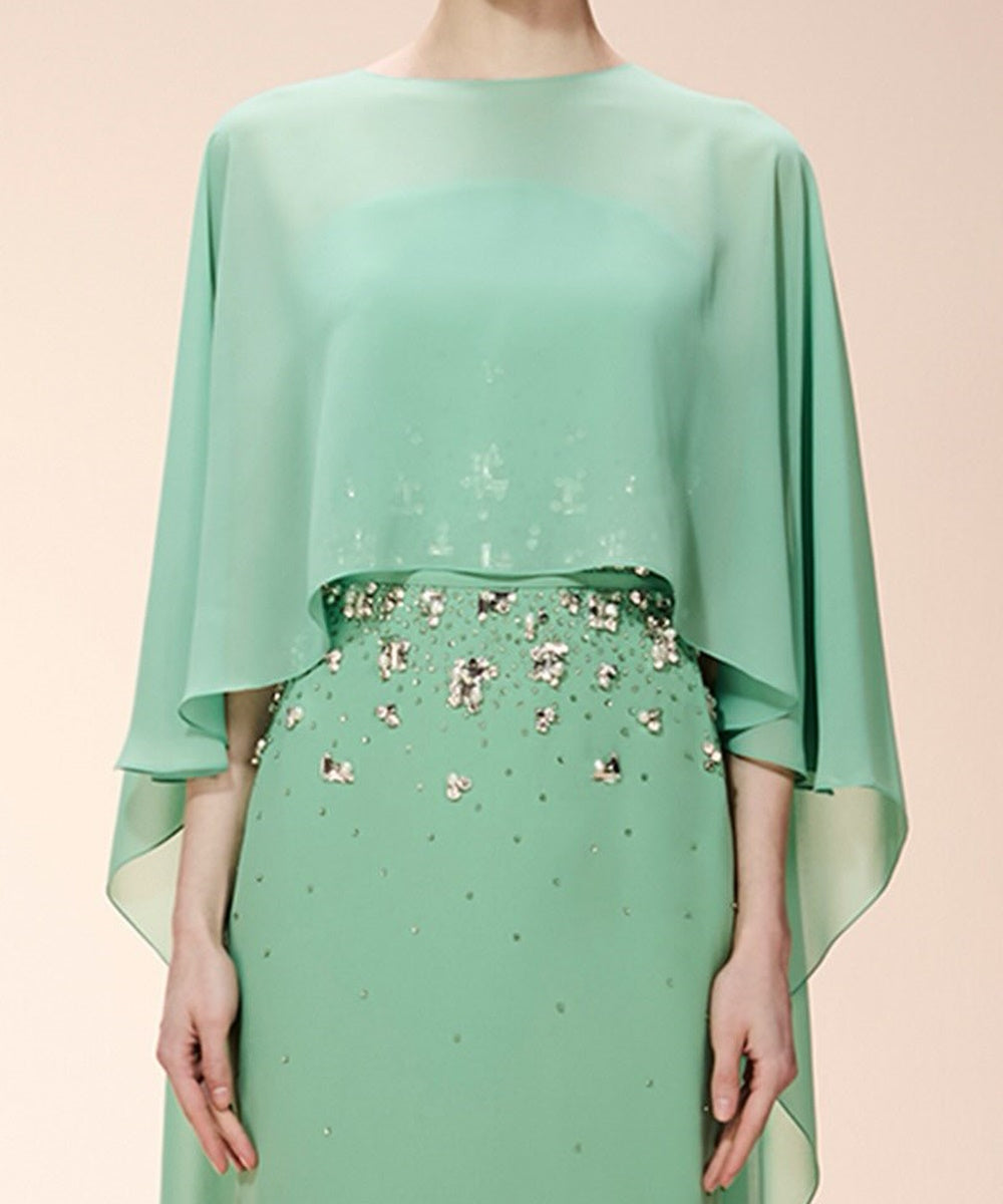 Mint Green Beaded Sheath Evening Gown With Removable Chiffon Cape Overlay