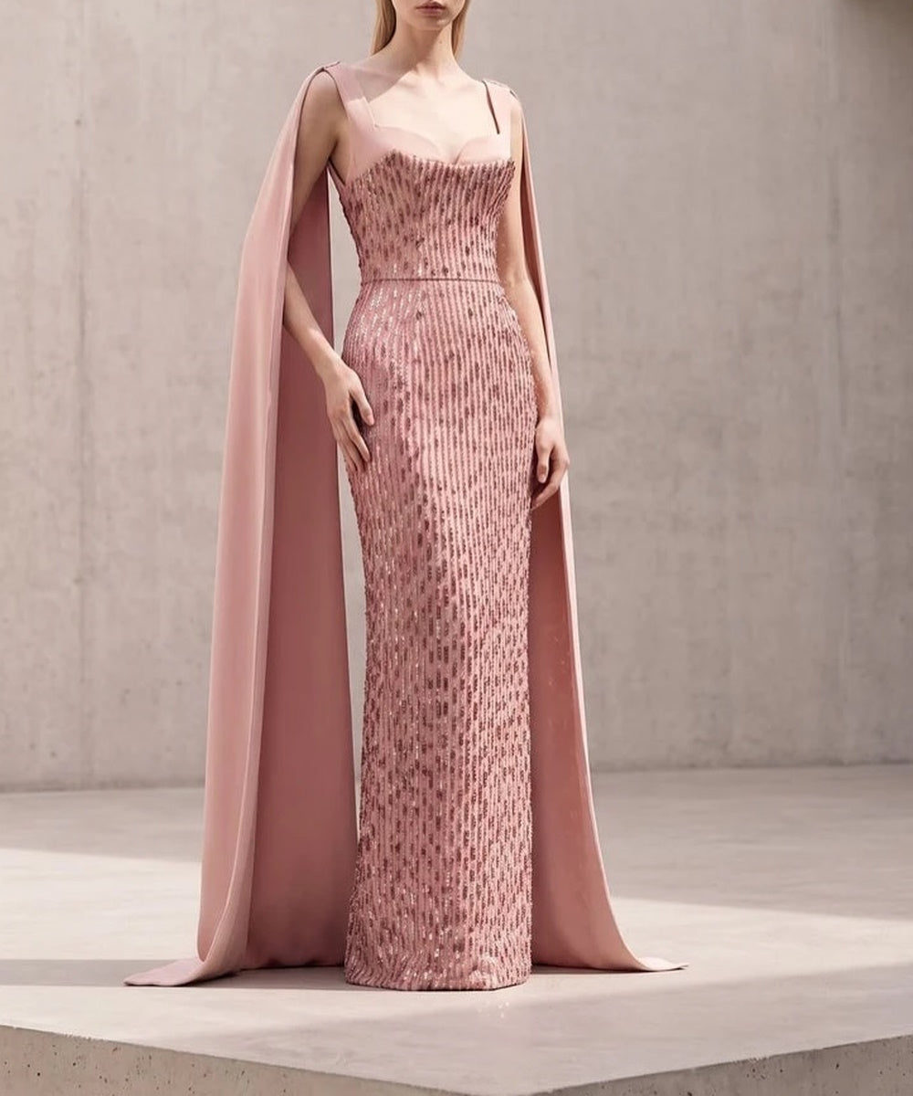 Dusty Pink Sequined Mermaid Gown With Attached Cape Trains