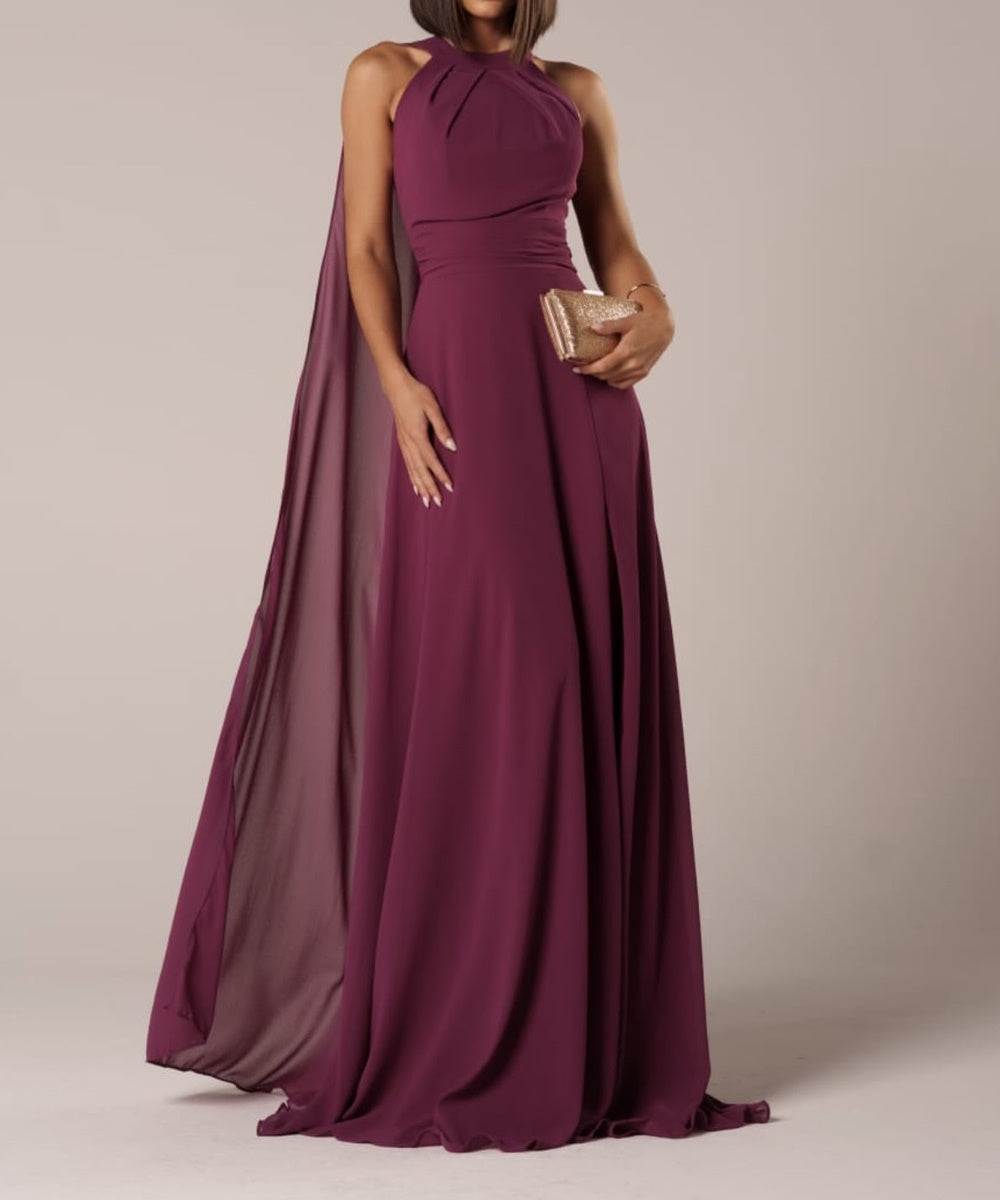 Halter Neck Chiffon Maxi Bridesmaid Dress With Cape Panel & High Slit