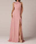 Halter Neck Chiffon Maxi Bridesmaid Dress With Cape Panel & High Slit