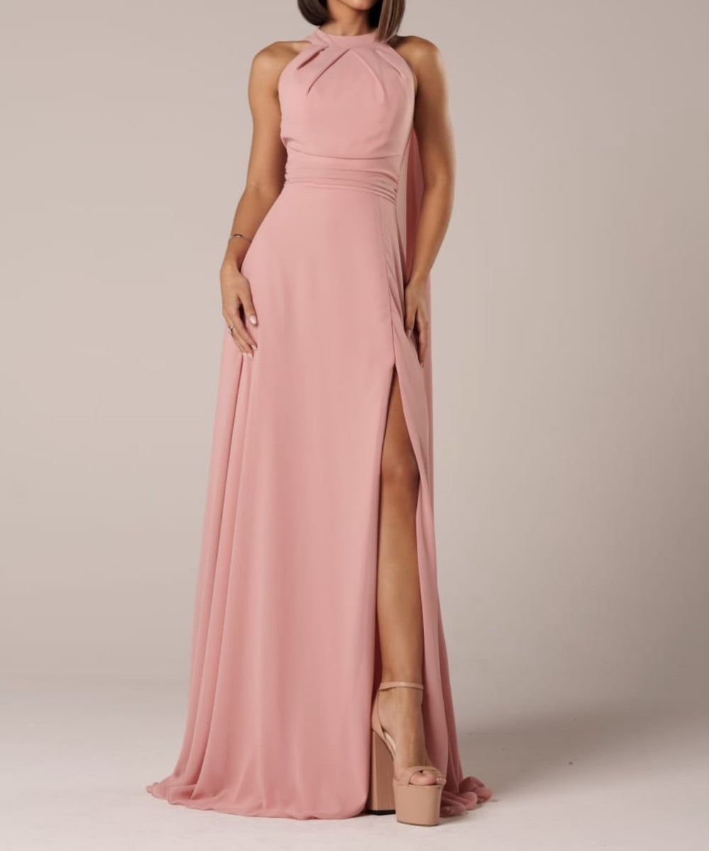 Halter Neck Chiffon Maxi Bridesmaid Dress With Cape Panel & High Slit