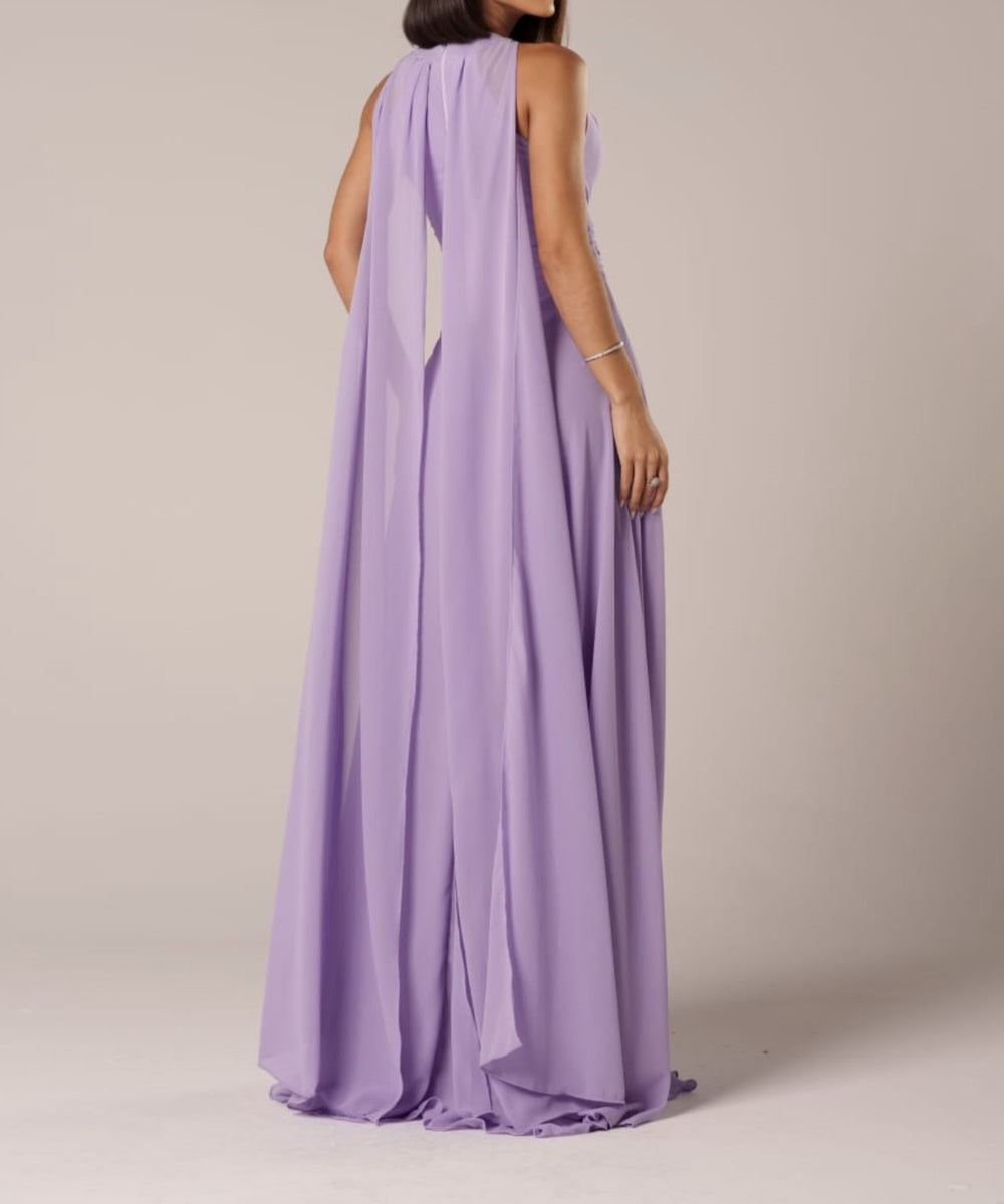 Halter Neck Chiffon Maxi Bridesmaid Dress With Cape Panel & High Slit