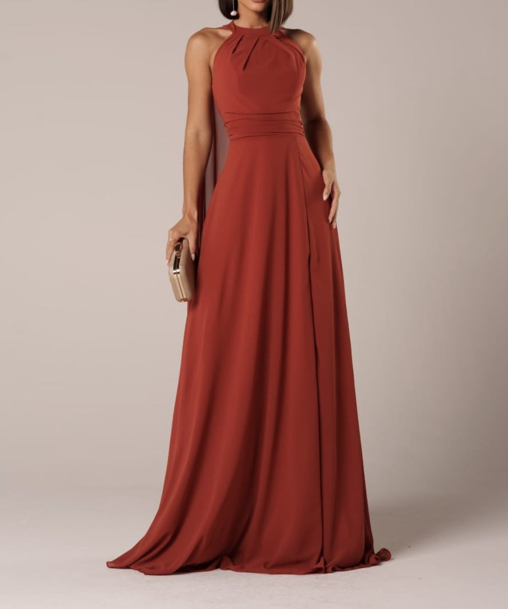 Halter Neck Chiffon Maxi Bridesmaid Dress With Cape Panel & High Slit