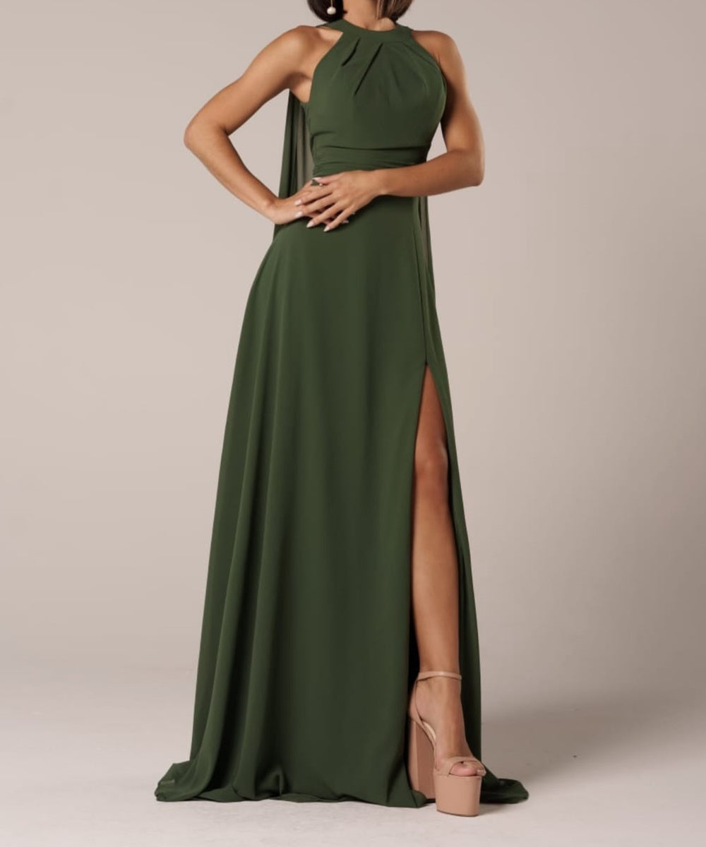 Halter Neck Chiffon Maxi Bridesmaid Dress With Cape Panel & High Slit