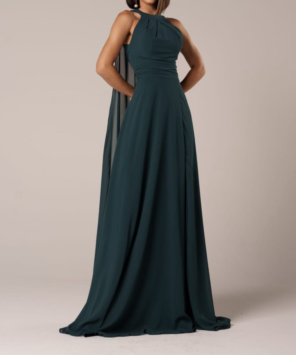 Halter Neck Chiffon Maxi Bridesmaid Dress With Cape Panel & High Slit