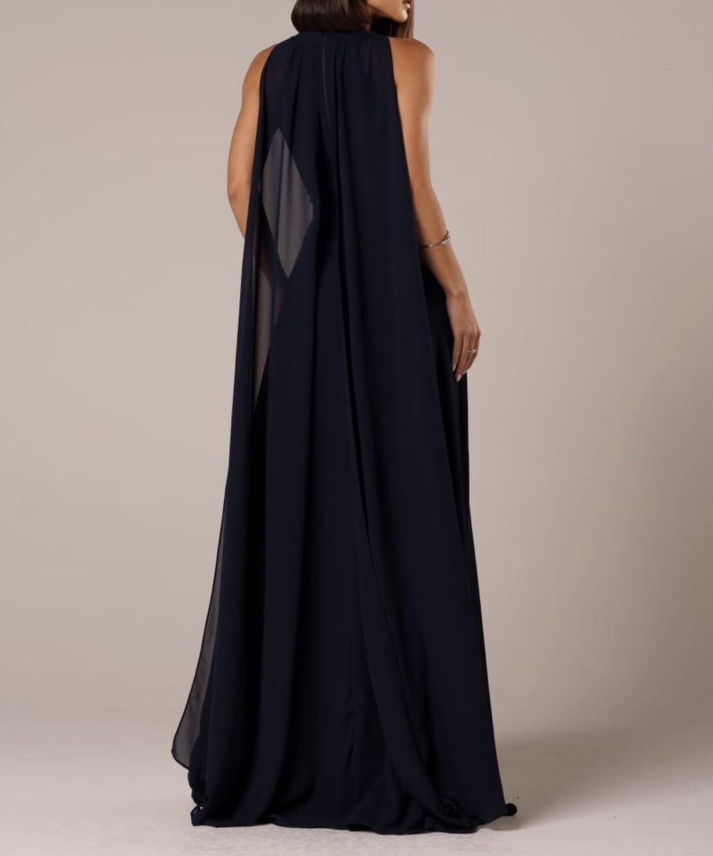 Halter Neck Chiffon Maxi Bridesmaid Dress With Cape Panel & High Slit