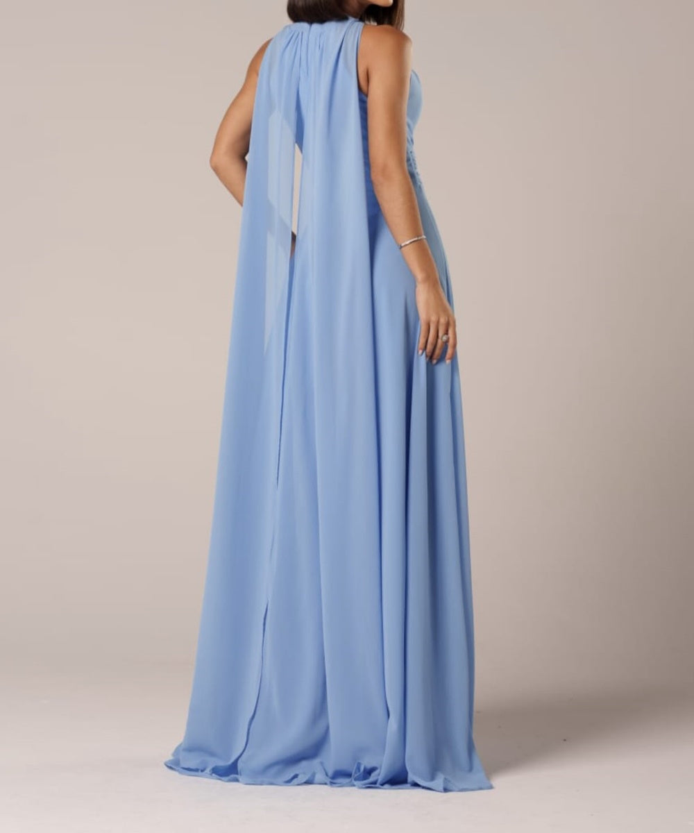 Halter Neck Chiffon Maxi Bridesmaid Dress With Cape Panel & High Slit