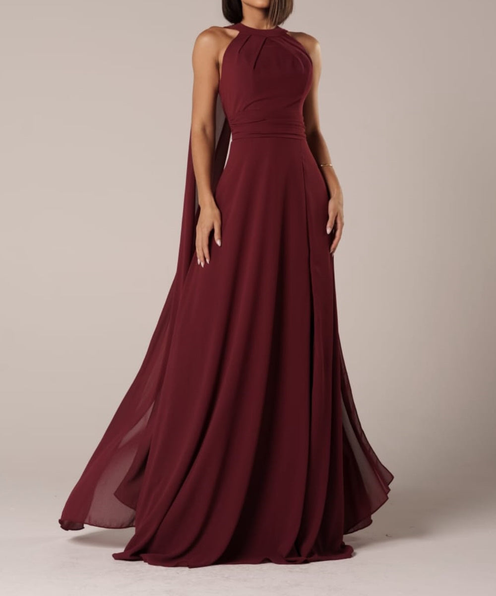 Halter Neck Chiffon Maxi Bridesmaid Dress With Cape Panel & High Slit