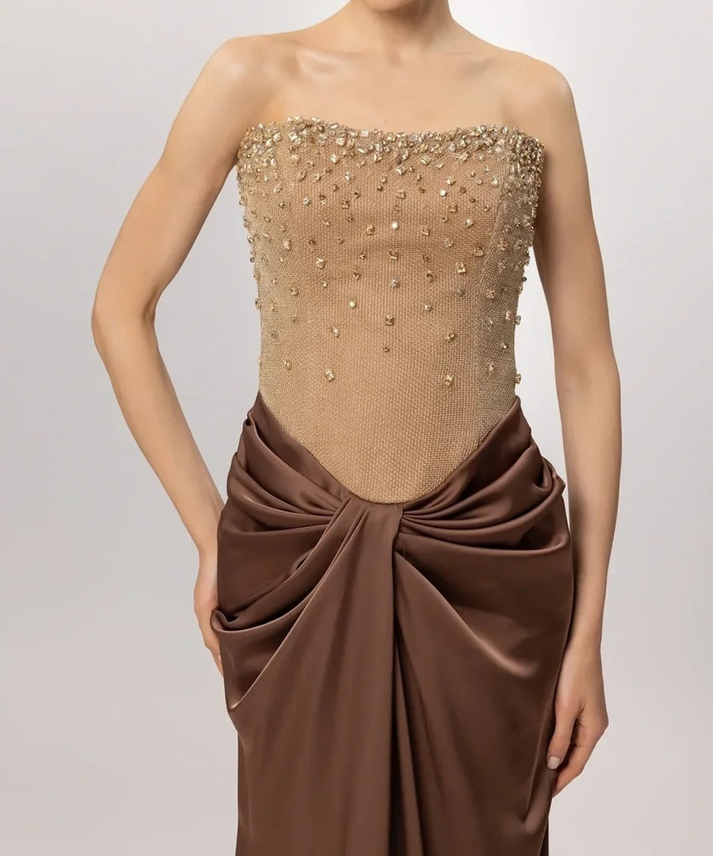Strapless Beaded Bodice Draped Satin Mermaid Evening Gown