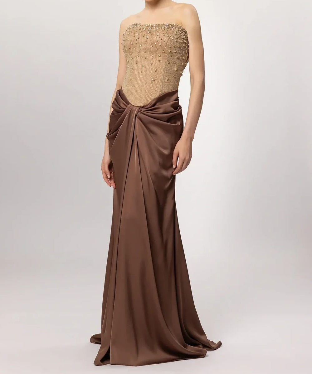 Strapless Beaded Bodice Draped Satin Mermaid Evening Gown
