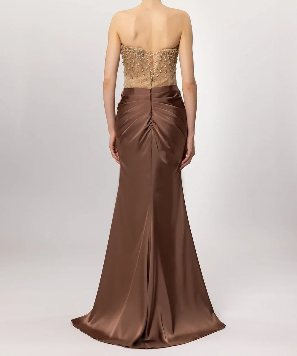 Strapless Beaded Bodice Draped Satin Mermaid Evening Gown