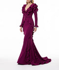 Plum Ruffled V-Neck Long Sleeve Belted Mermaid Train Evening Gown
