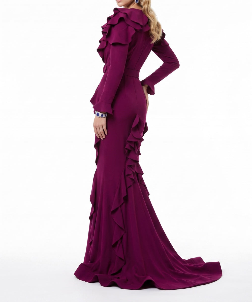 Plum Ruffled V-Neck Long Sleeve Belted Mermaid Train Evening Gown