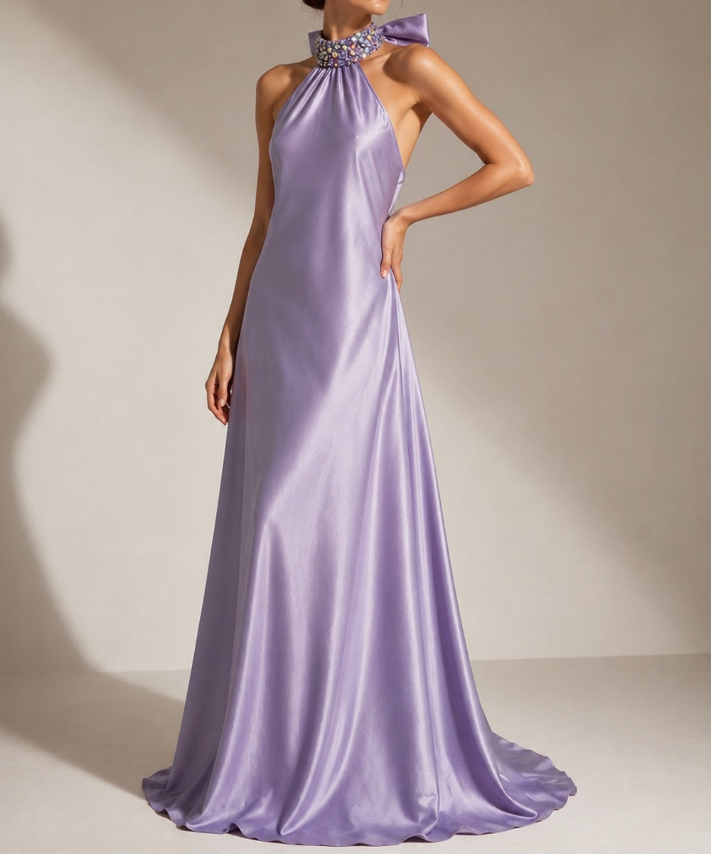Jeweled Halter Satin Backless Evening Gown With Large Bow Train