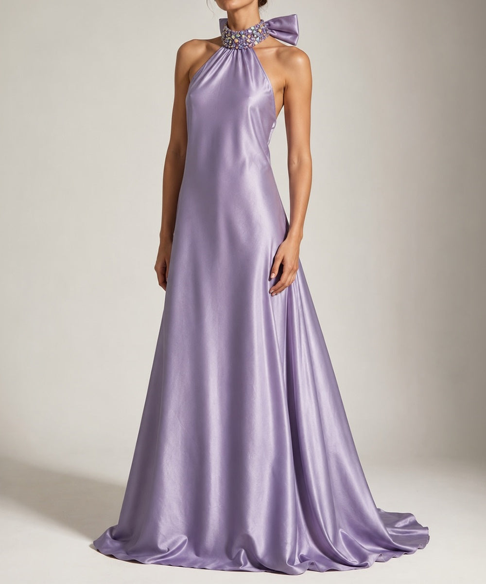 Jeweled Halter Satin Backless Evening Gown With Large Bow Train