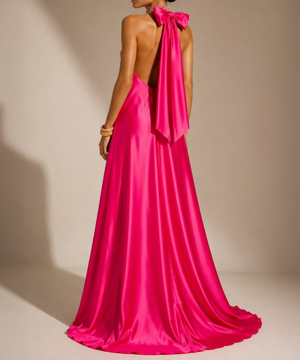 Jeweled Halter Satin Backless Evening Gown With Large Bow Train